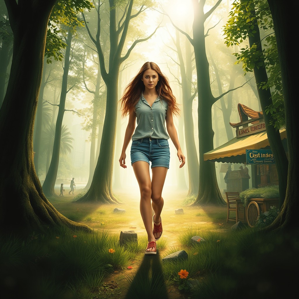A captivating book cover depicting a young woman named Elena walking through an enchanting forest that represents her final destination home