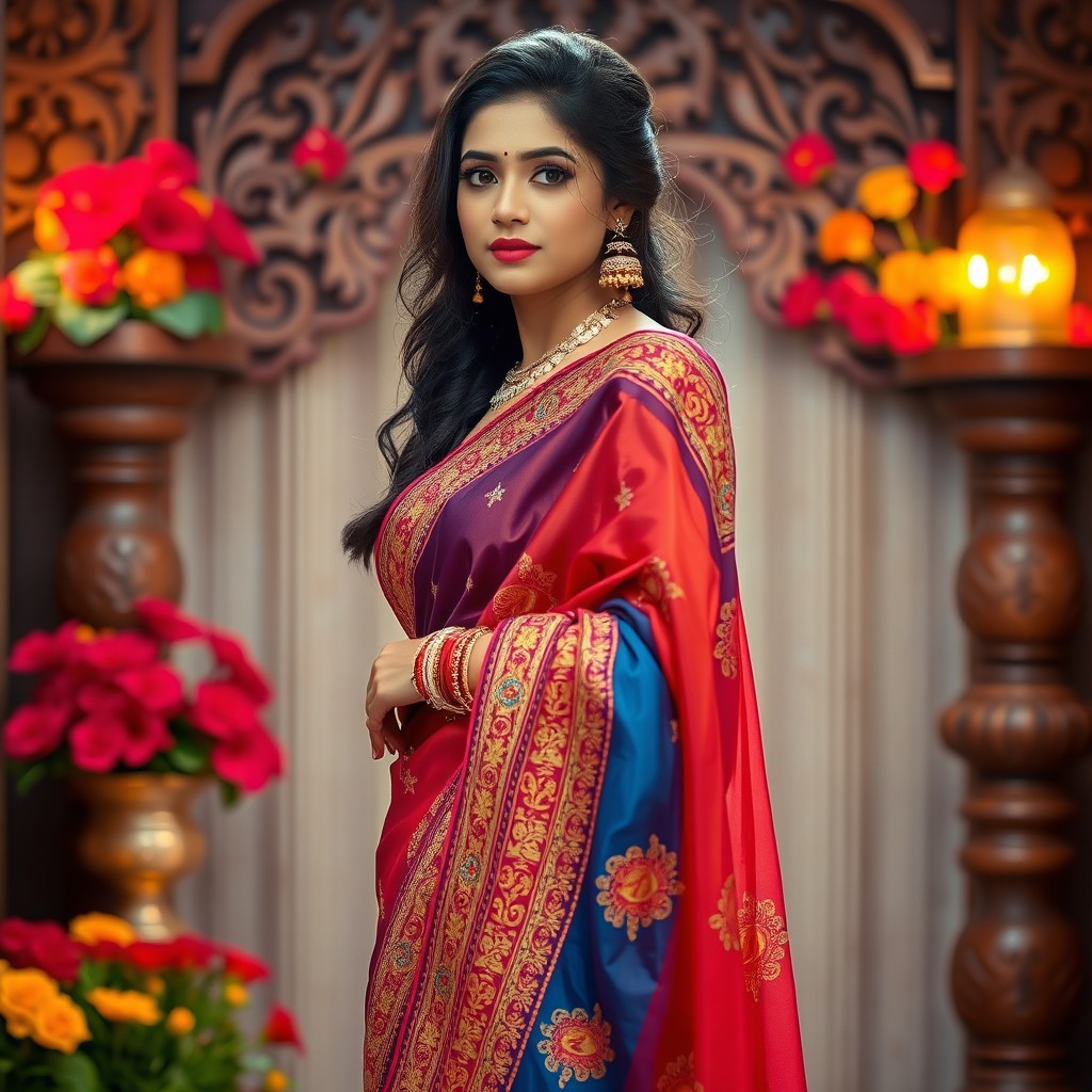 A stunning Indian woman elegantly draped in a colorful saree, showcasing intricate embroidery and embellishments
