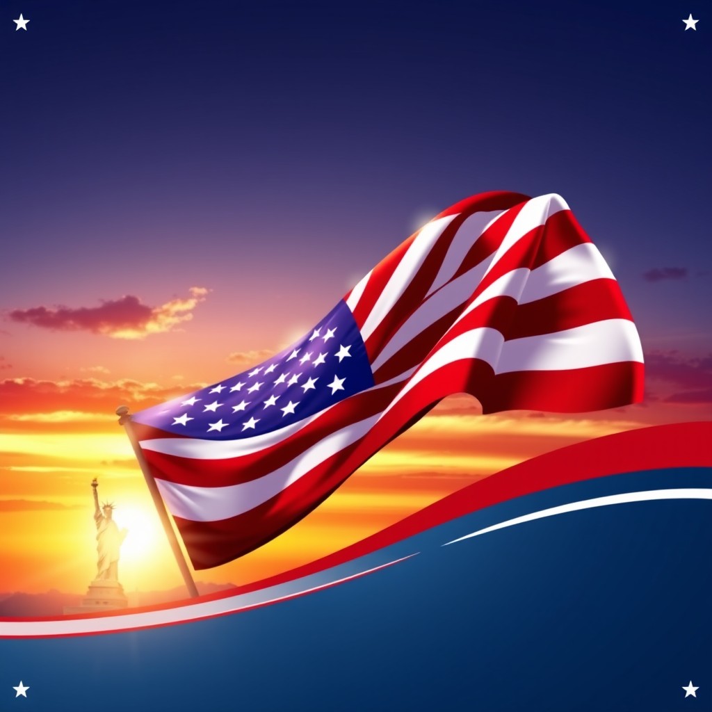 A visually striking patriotic website banner featuring a rich blend of red, white, and blue colors