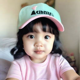 A low-resolution phone selfie of a winsome toddler girl with shiny black hair, fair skin glow, wearing a pastel pink cap and a mint-colored t-shirt.