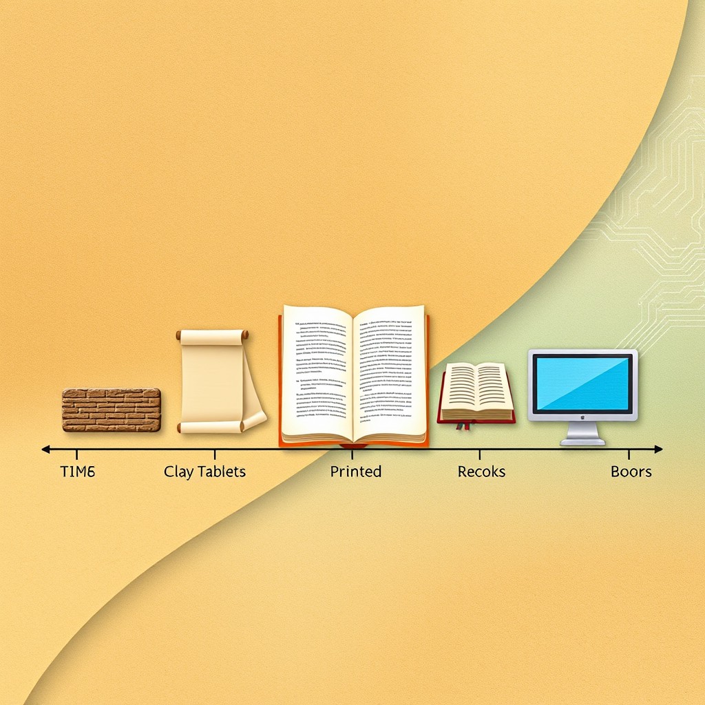 A visual timeline representing the evolution of human records over time, showcasing elements like clay tablets, scrolls, printed books, and a digital screen
