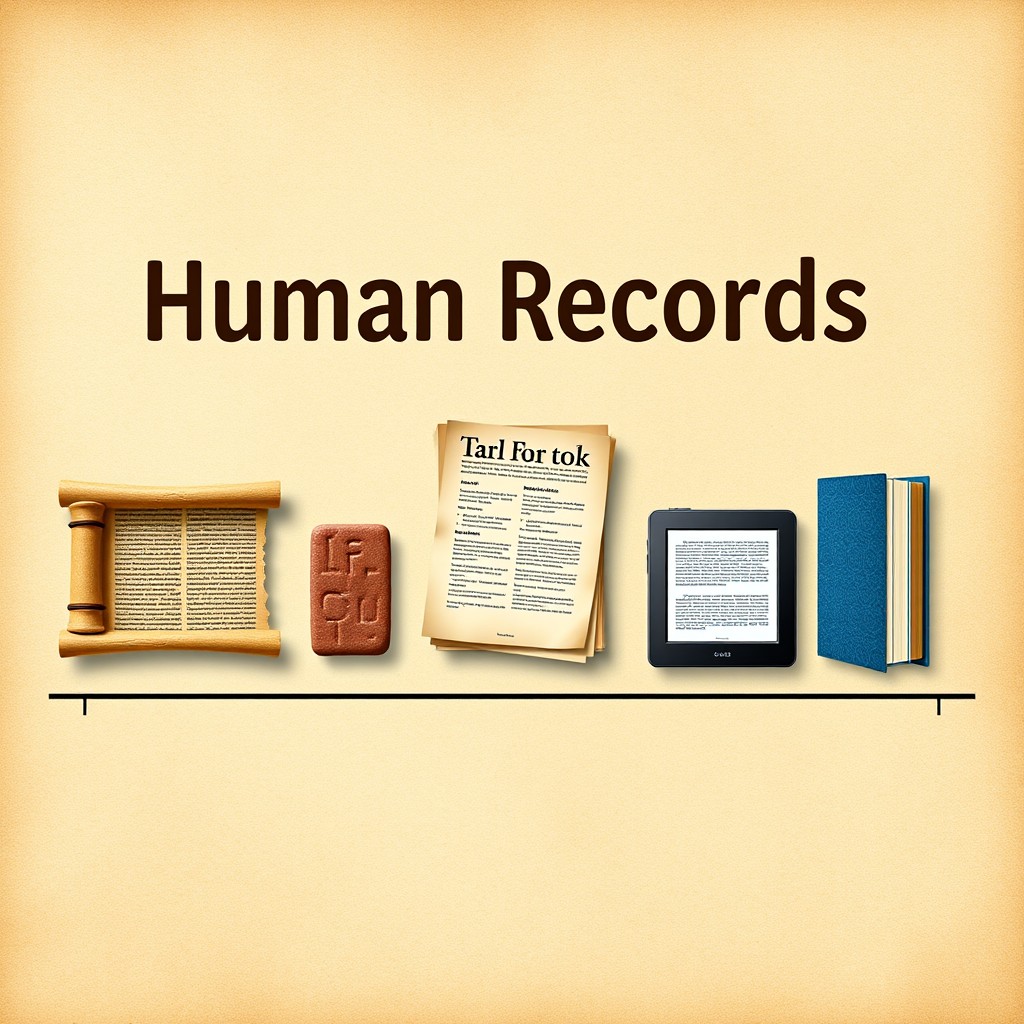 A visual timeline representing the evolution of human records over time, featuring prominently a papyrus scroll and an e-book alongside clay tablets and printed books