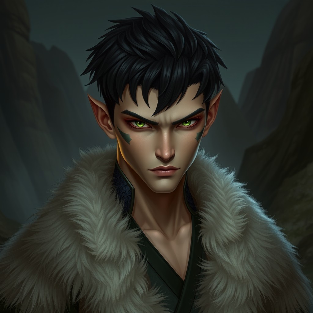 A male yuan-ti pureblood featuring short black hair with small patches of black scales on his neck, dressed in luxurious fur robes that exude power and mystery