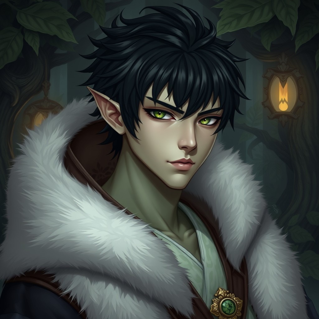 A male yuan-ti pureblood characterized by short black hair and wearing luxurious fur robes with a fur-lined hood, exuding an air of mystery and strength