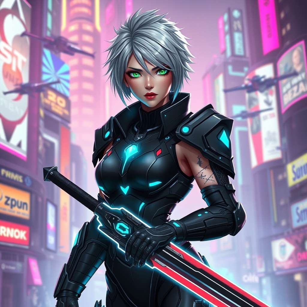 A captivating character design of a female futuristic cyberpunk warrior, clad in sleek black armor with neon blue accents
