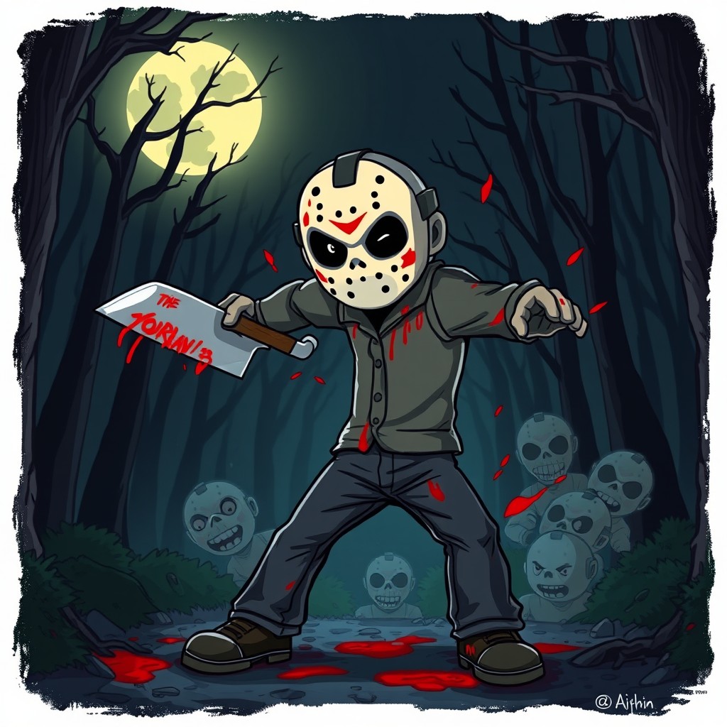 A dynamic, animated portrayal of Jason Voorhees, featuring him in his iconic hockey mask and blood-stained outfit, wielding a machete, in a menacing yet cartoonish style