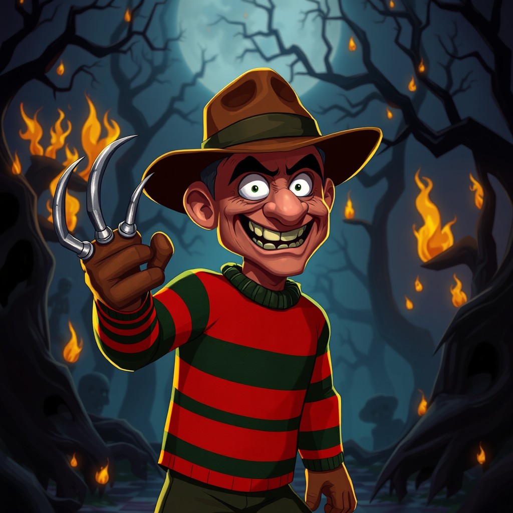 A stylized animated depiction of Freddy Krueger, featuring his iconic red and green striped sweater, brown fedora hat, and the characteristic metallic claw glove