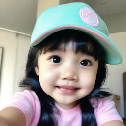 A low-resolution phone selfie of a winsome toddler girl with shiny black hair, fair skin glow, wearing a pastel pink cap and a mint-colored t-shirt.