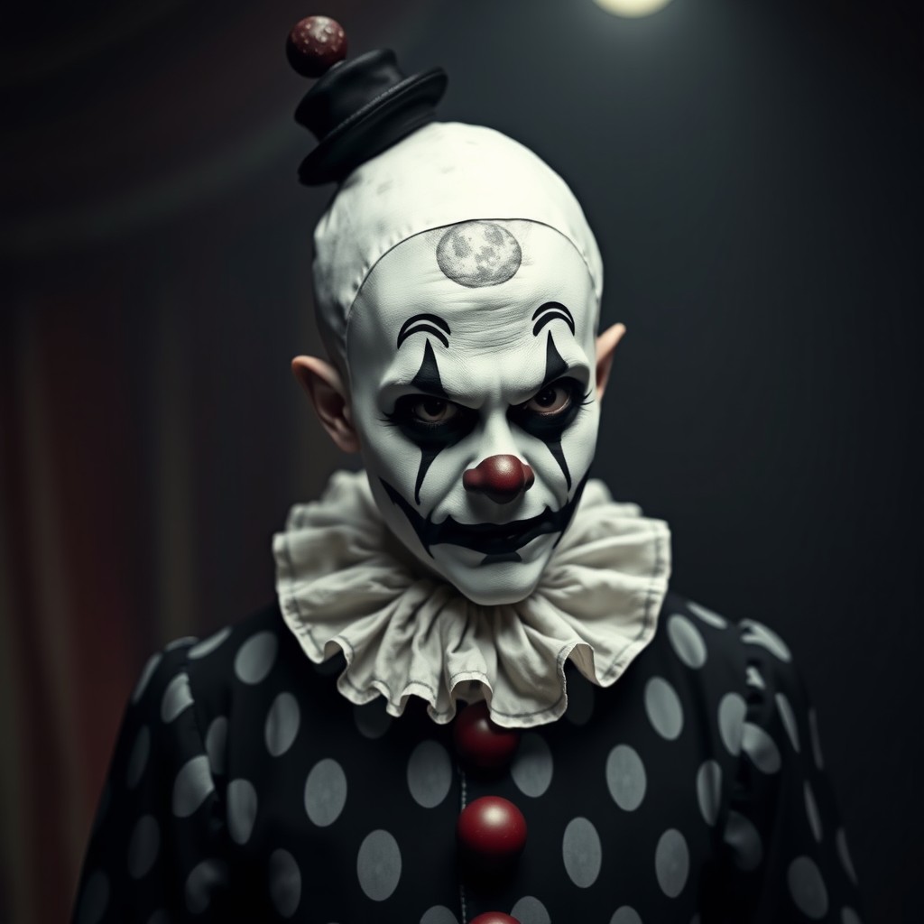 A classic scary-looking clown in a vintage black-and-white costume, featuring a white bald cap, a small black hat perched jauntily on top, and a frilly white collar