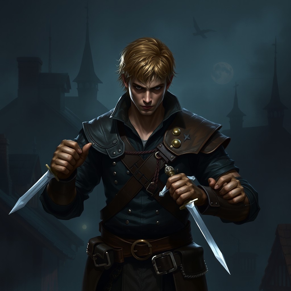 A man with short light brown hair, slender build, portrayed as a human rogue from D&D