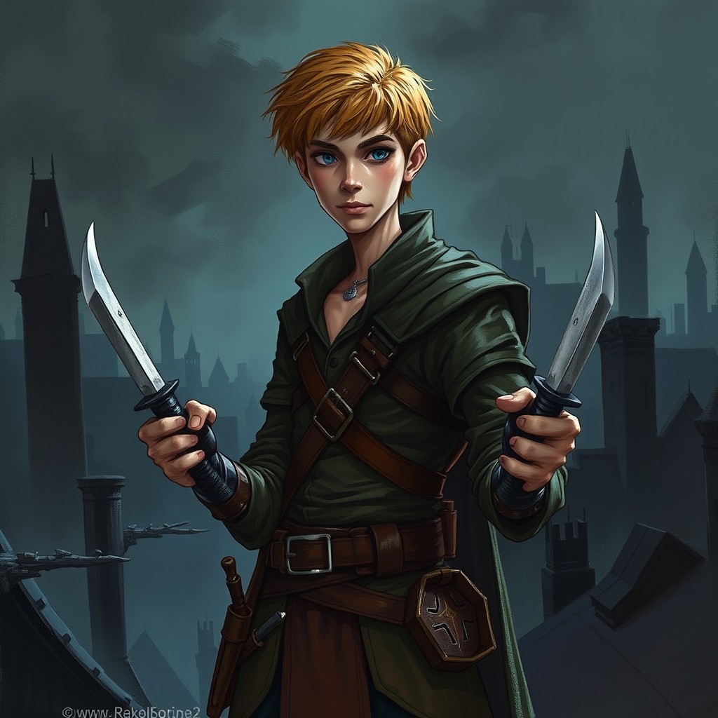 A slender man with short light brown hair, dressed as a human rogue from Dungeons & Dragons, wearing leather armor