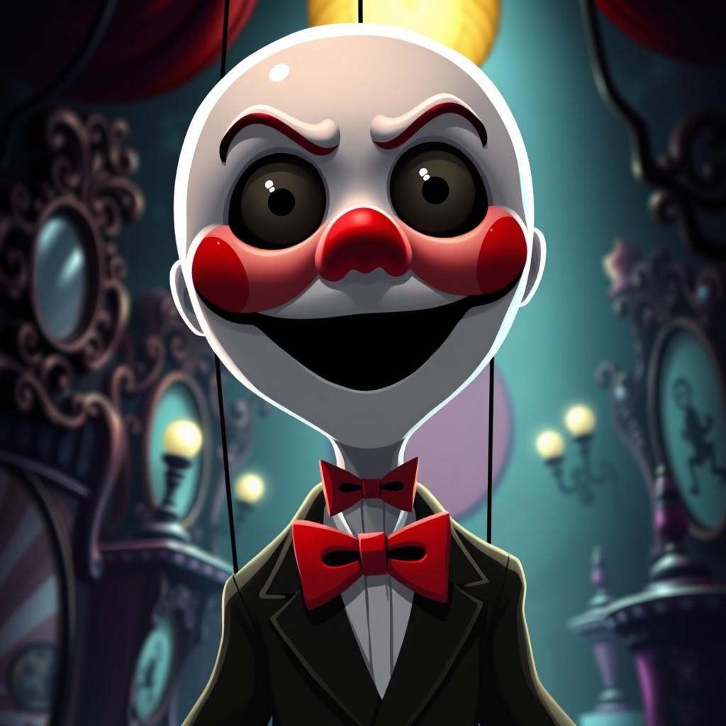A stylized animated version of Billy the Puppet from the Saw franchise, featuring a sinister yet whimsical expression
