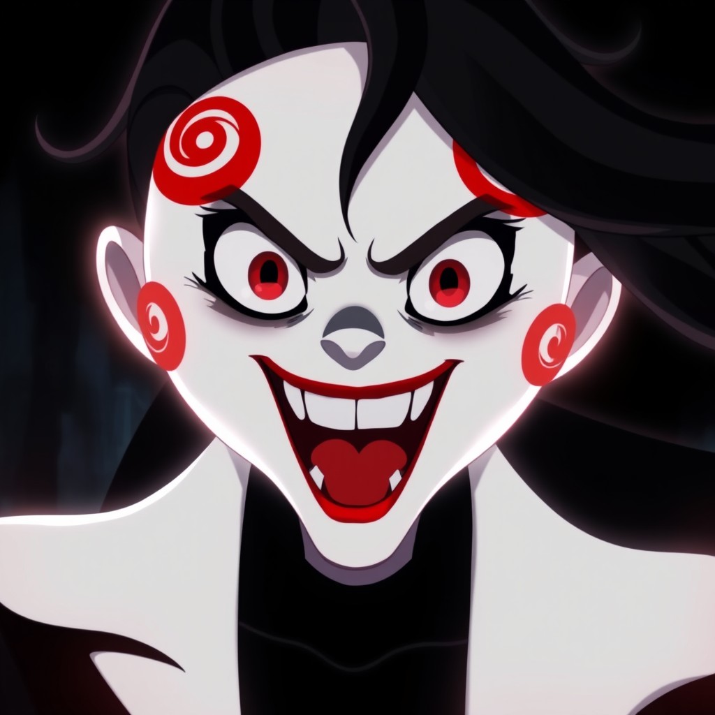 An animated character with a distinctive white face featuring bright red spiral cheeks, long flowing black hair, and a wide grin accentuated by deep red lips