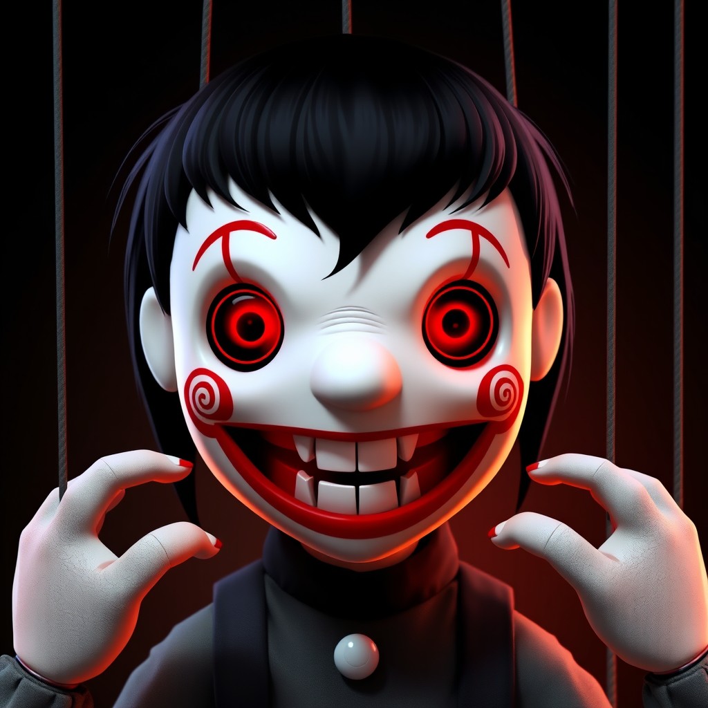 An animated depiction of Billy the Puppet from the horror franchise 'Saw'