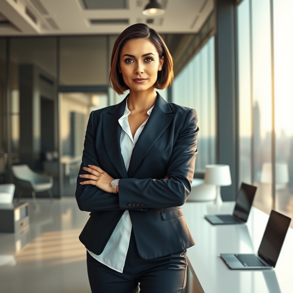 A confident and powerful businesswoman standing in a sleek, modern office space