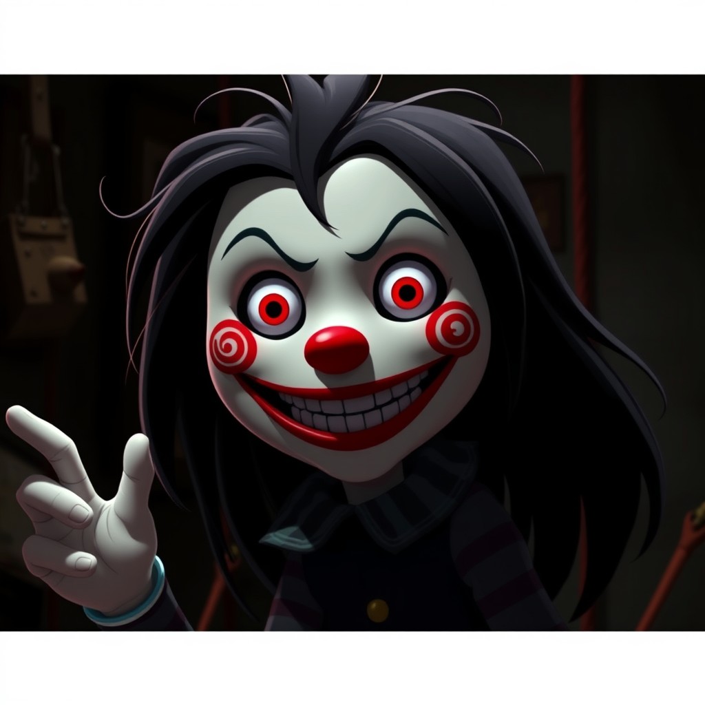 An animated depiction of a character reminiscent of Billy the Puppet from the 'Saw' series, featuring a distinctive white face with red spiral cheeks, long flowing black hair, a creepy grin with red lips, and glaring black eyes with bright red irises