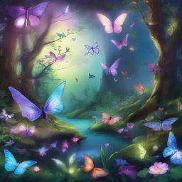 A magical forest bathed in twilight glow, teeming with luminescent flora and fauna, transparent-winged insects fluttering around iridescent flowers, and glowing mythical creatures.