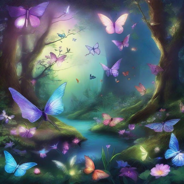 A magical forest bathed in twilight glow, teeming with luminescent flora and fauna, transparent-winged insects fluttering around iridescent flowers, and glowing mythical creatures.