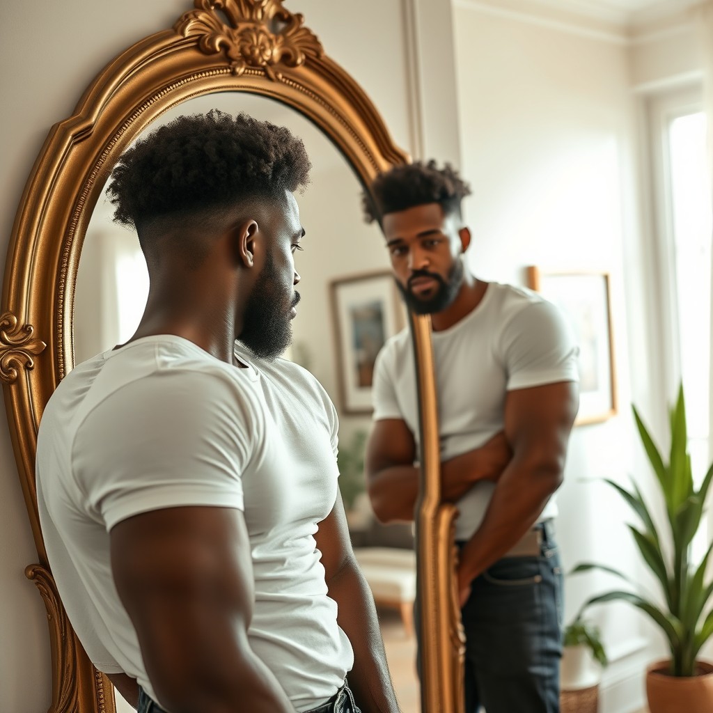 A reflective scene of a handsome Black man gazing intently at his own reflection in a large, ornate mirror