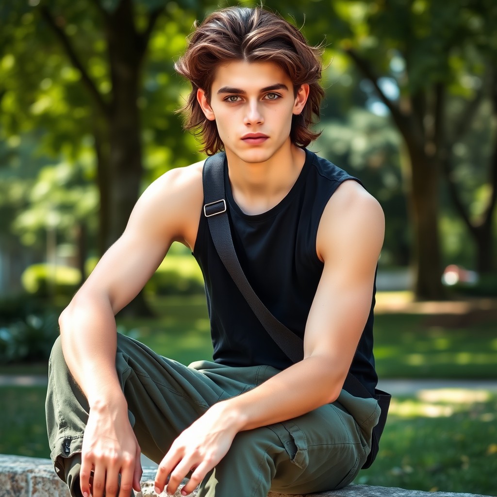 A young adult male sitting casually outdoors wearing a black tank top and baggy green cargo pants