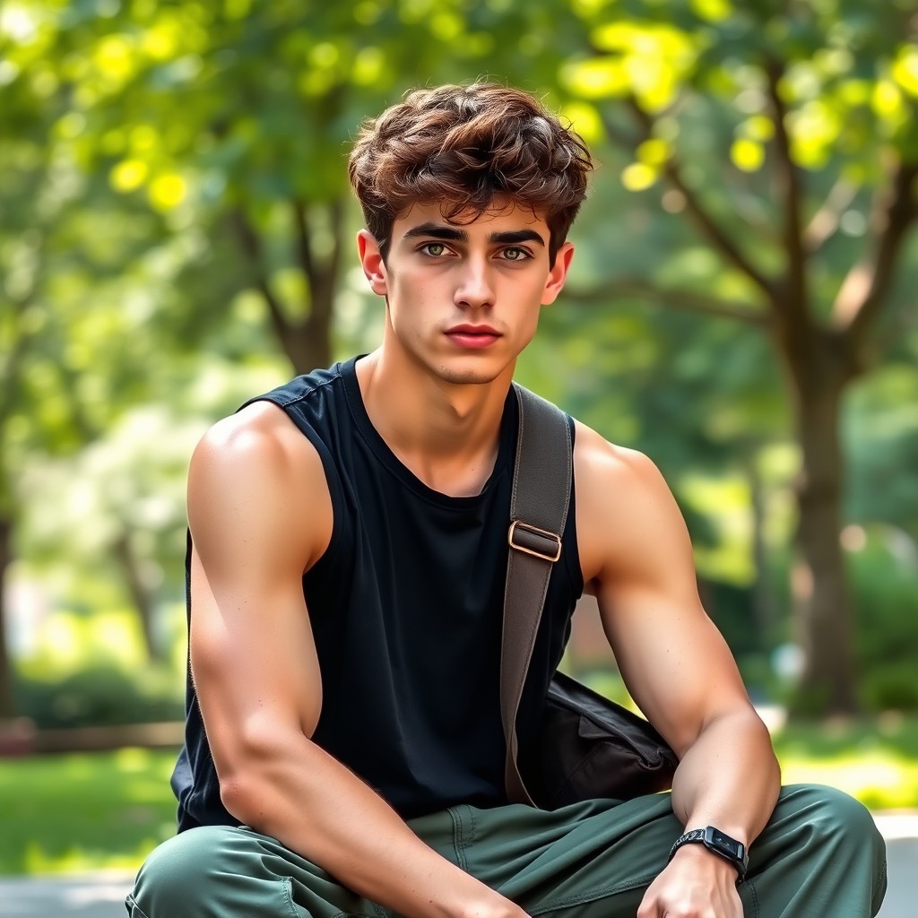 A young adult male sitting casually outdoors wearing a black tank top and baggy green cargo pants