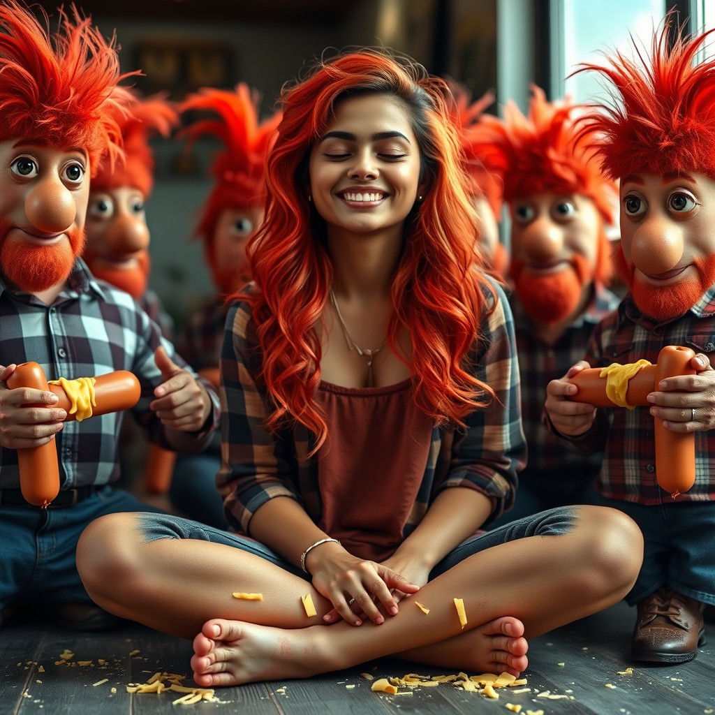 A scene depicting a young woman of Pakistani descent with distinctive features, sitting cross-legged and smiling with her eyes closed