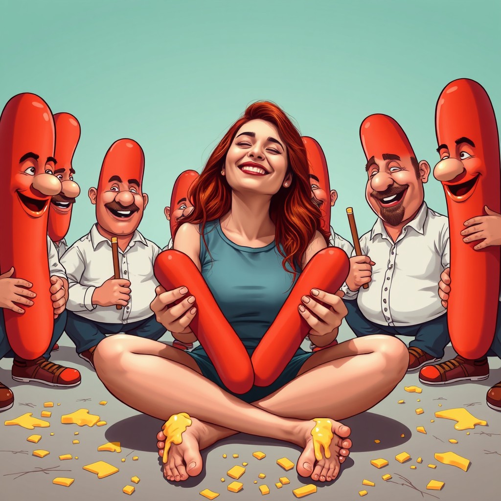 A whimsical and surreal scene featuring a young woman of Pakistani descent with striking red hair, playfully smiling with her eyes closed while sitting cross-legged on the ground