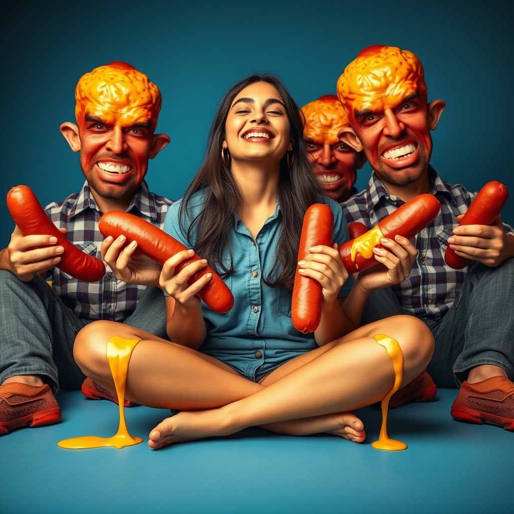 A young woman of Pakistani descent, starting to adopt a redneck aesthetic, sits cross-legged with a joyful smile and her eyes closed