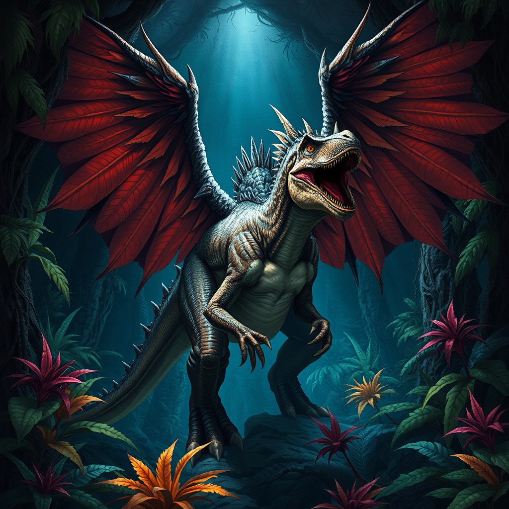 A giant winged mythosaur enemy in the style of a D&D monster-manual portrait