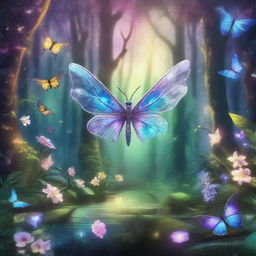 A magical forest bathed in twilight glow, teeming with luminescent flora and fauna, transparent-winged insects fluttering around iridescent flowers, and glowing mythical creatures.