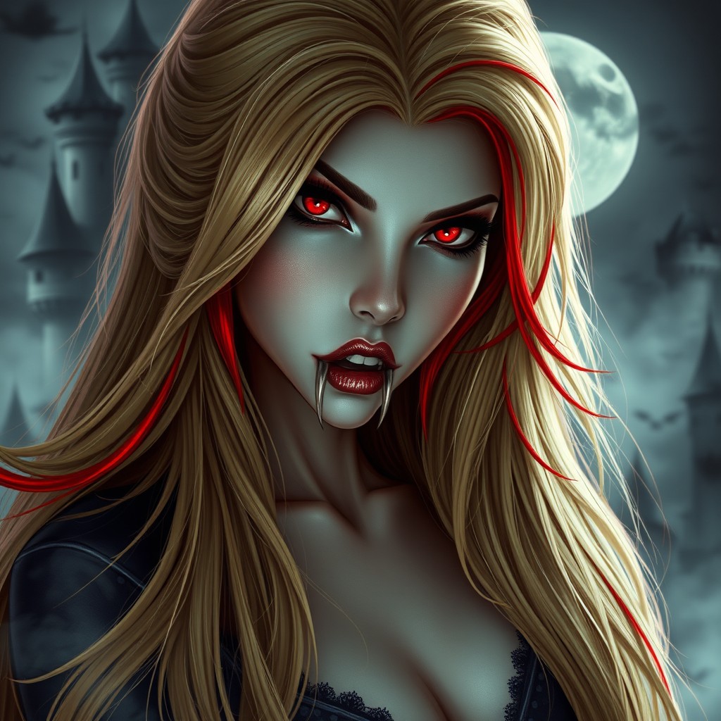 A mesmerizing and beautiful vampire characterized by her long, luxurious blonde hair adorned with striking red highlights