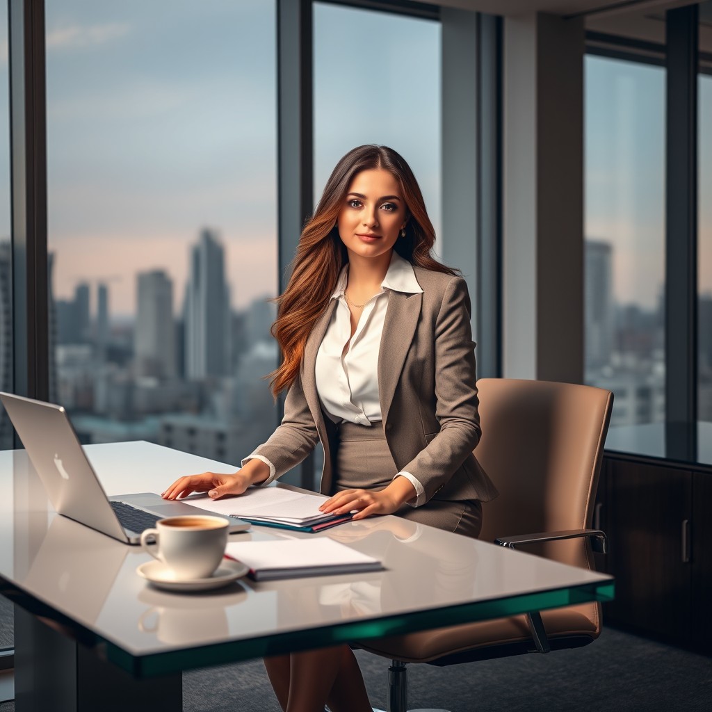 A stylish and professional secretary in a modern office setting