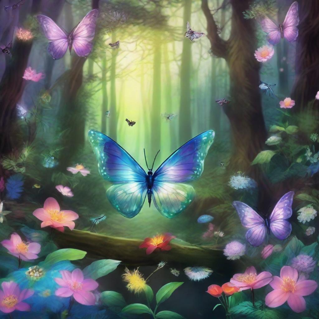 A magical forest bathed in twilight glow, teeming with luminescent flora and fauna, transparent-winged insects fluttering around iridescent flowers, and glowing mythical creatures.