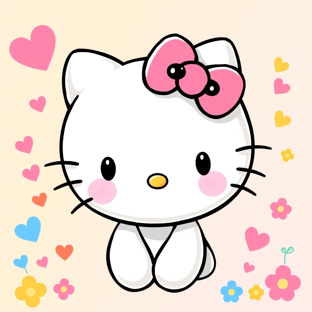 A cute and colorful cartoon illustration of Hello Kitty, featuring her iconic bow on her head, a friendly smile, and her characteristic white face with black eyes and whiskers