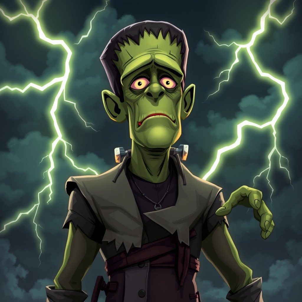 An animated interpretation of Frankenstein, depicting a tall, green-skinned creature with bolts in his neck, wearing tattered clothing, set against a dark, stormy background