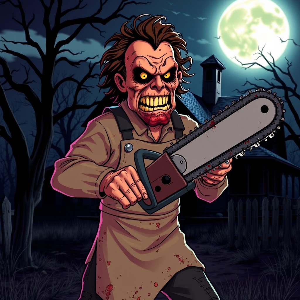 An animated version of Leatherface from the Texas Chainsaw Massacre, depicted as a menacing character wielding a chainsaw in a dark, eerie setting