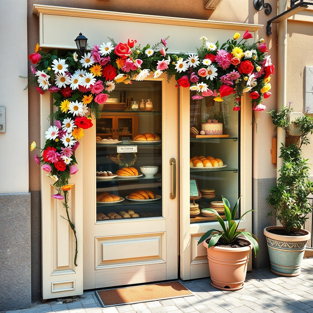 A charming bakery shop front featuring a wooden door adorned with vibrant flower decorations