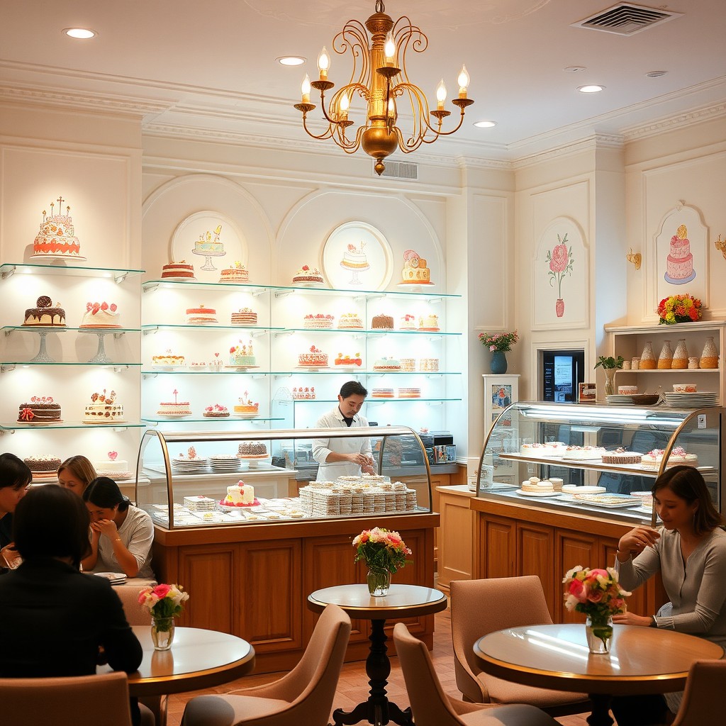 A delightful cake shop interior showcasing an array of beautifully decorated cakes displayed on elegant glass shelves