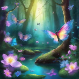 A magical forest bathed in twilight glow, teeming with luminescent flora and fauna, transparent-winged insects fluttering around iridescent flowers, and glowing mythical creatures.