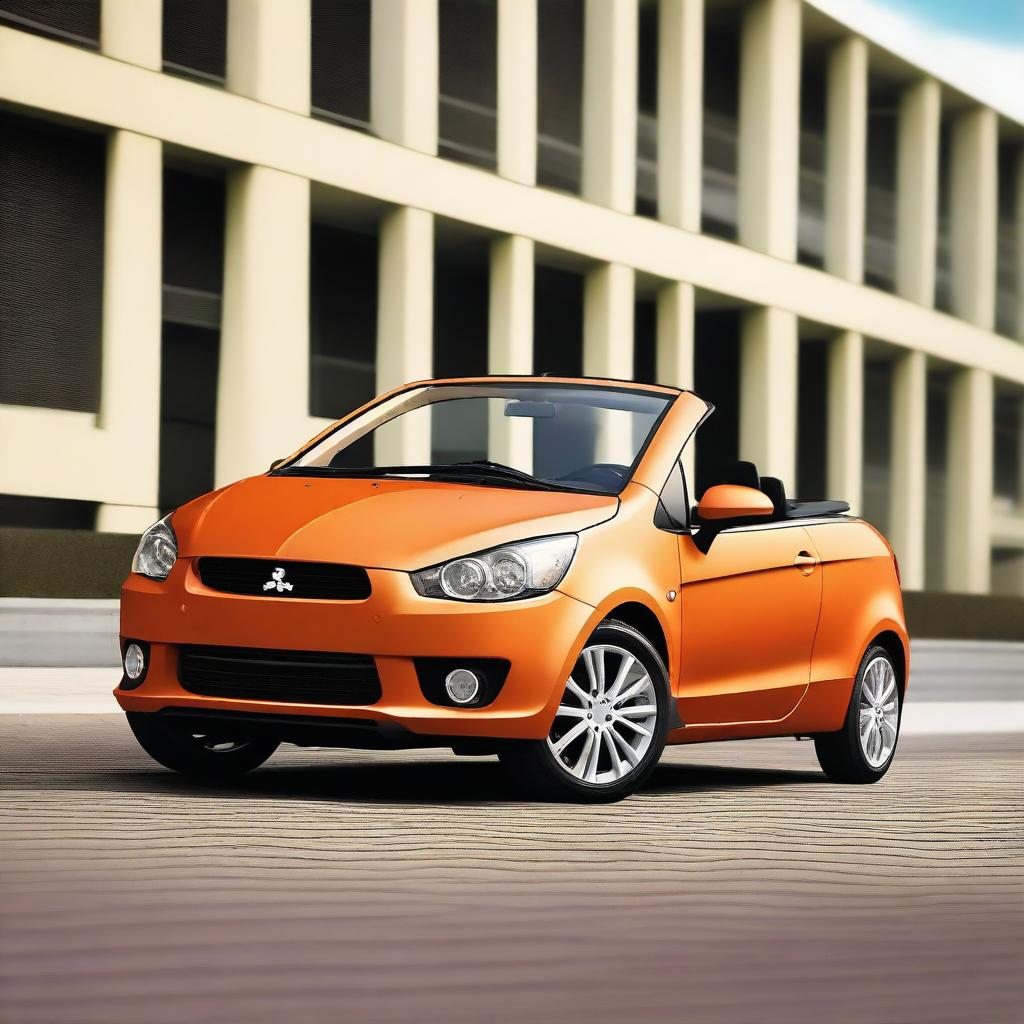 A high-quality photograph showcasing a Mitsubishi Colt CZC convertible in a striking matte apricot color