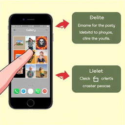 An informative and visually engaging illustration showing the steps to erase a file in a gallery on a smartphone