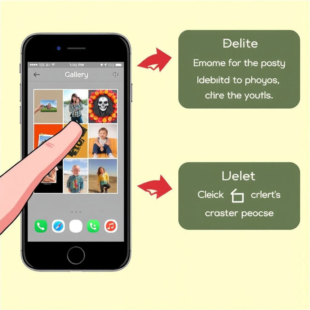An informative and visually engaging illustration showing the steps to erase a file in a gallery on a smartphone