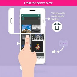 An informative and visually engaging illustration showing the steps to erase a file in a gallery on a smartphone