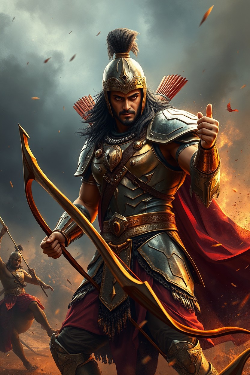 A stunning digital painting of the character Karna from the Mahabharata, depicted in a dramatic and devastating scene