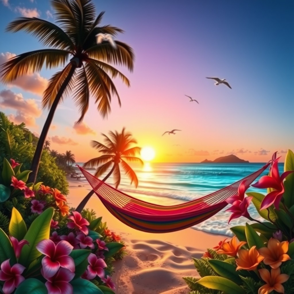 A vibrant tropical landscape featuring the island of Calya, showcasing lush greenery, exotic flowers, and pristine beaches with crystal-clear turquoise waters