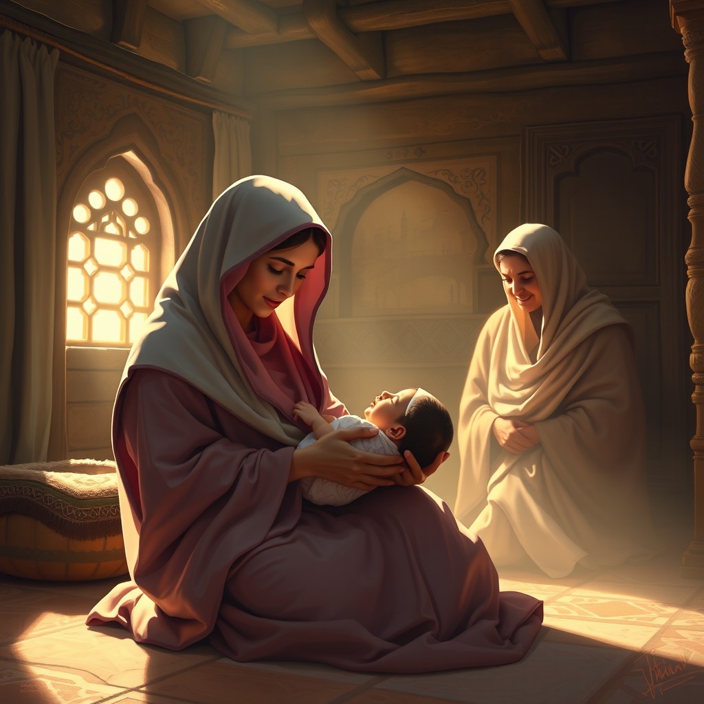 A cinematic 16:9 digital painting depicting the blessed birth of Prophet Muhammad ﷺ in a traditional Arabian house near Makkah