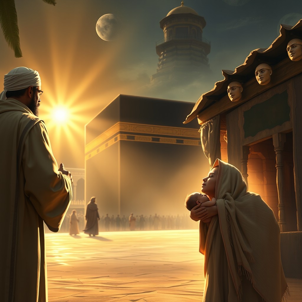 A cinematic 16:9 digital painting depicting Abdul Muttalib receiving the news of the birth of Prophet Muhammad ﷺ