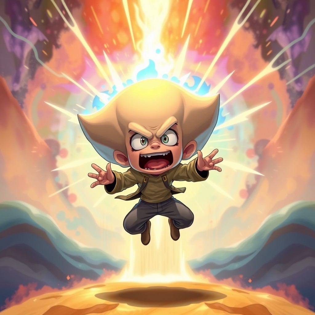 A character with an enormous head and a tiny body, floating in mid-air showcasing their psychic powers