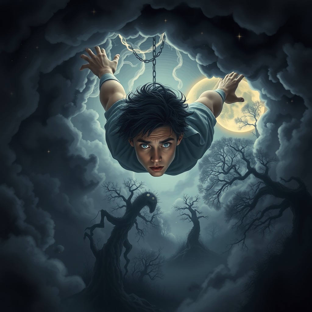 A captivating dark fantasy scene where the hero falls into a dream, surrounded by ethereal shadows and surreal landscapes