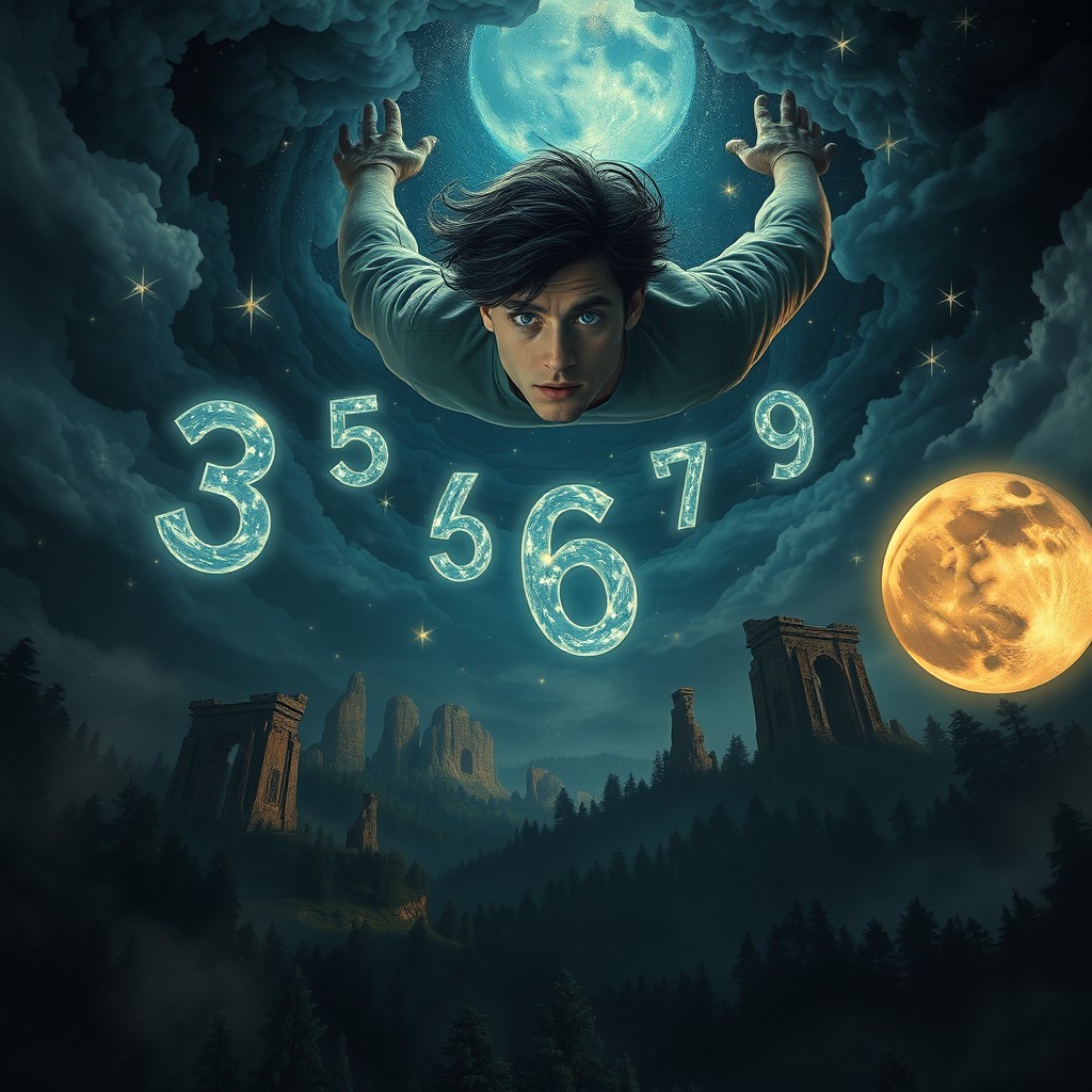 A captivating dark fantasy scene featuring numbers intricately woven into a surreal dreamscape